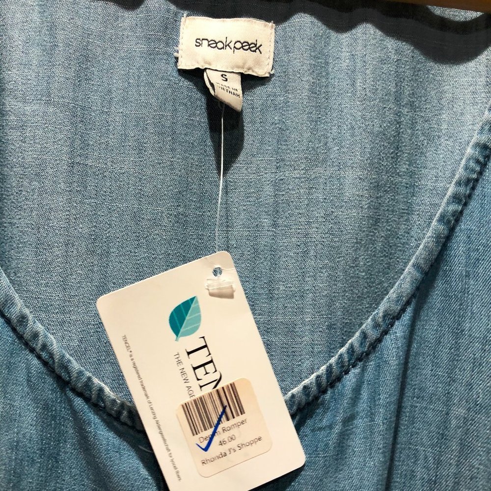 NWT Sneak Peek Chambray Denim Tie Waist Romper S - Picture 5 of 6